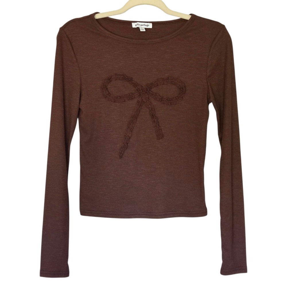 Womens Y2K Fitted Long Sleeve Top Size S Brown Ribbed Knit Indie Sleeze Feminine